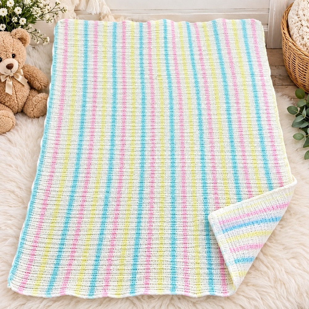 Vintage Beacon Mfg Co Pastel Striped Waffle Knit Thermal Baby Blanket USA Made